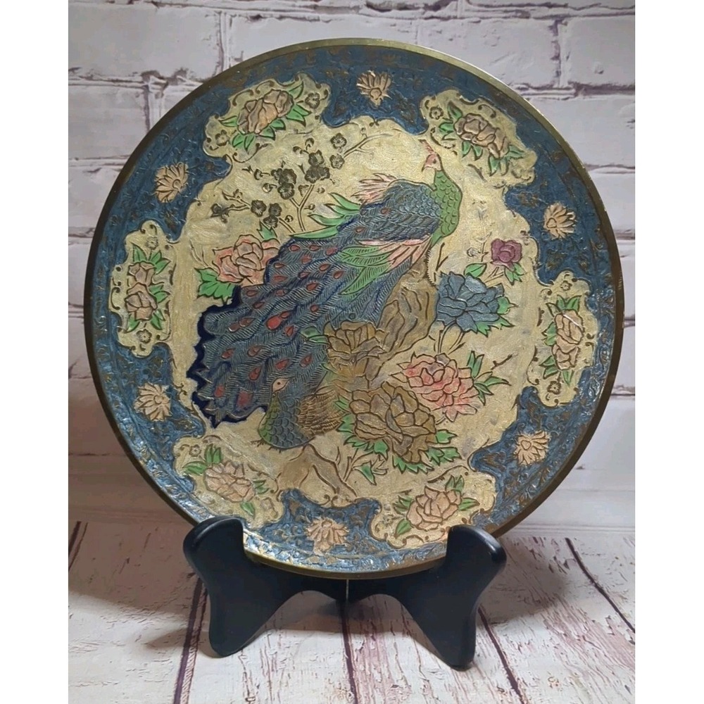 Vintage Brass Plate Cloisonne Peacock Made‎ In India